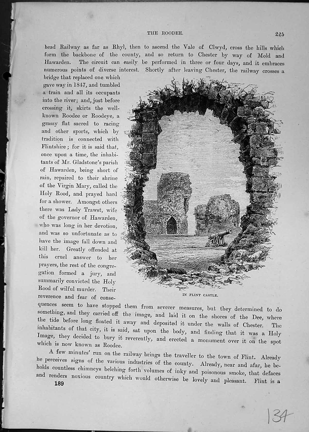 Original Old Antique Print Flint Castle Ruins War Gun Cassell C1882 Victorian