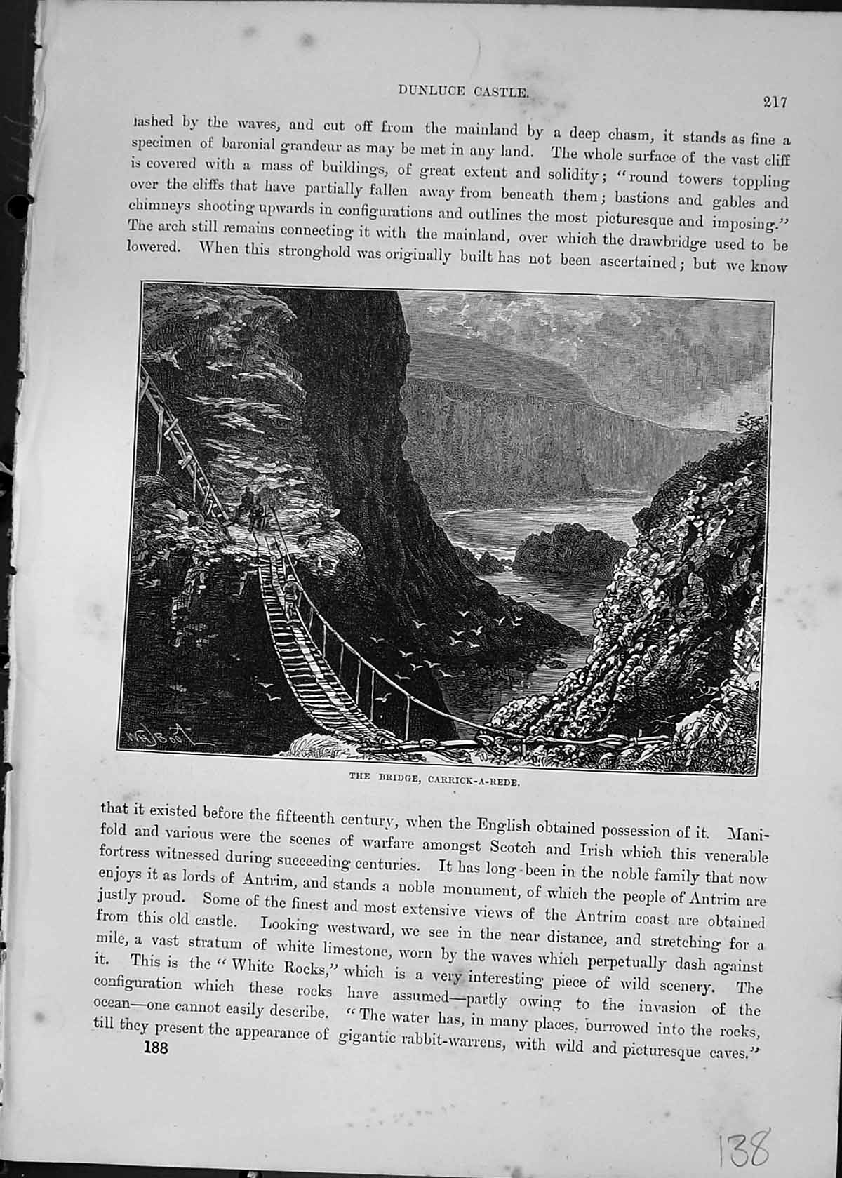 Original Old Antique Print Bridge Carrick-A-Rede Birds Cliffs Sea Cassell C1882