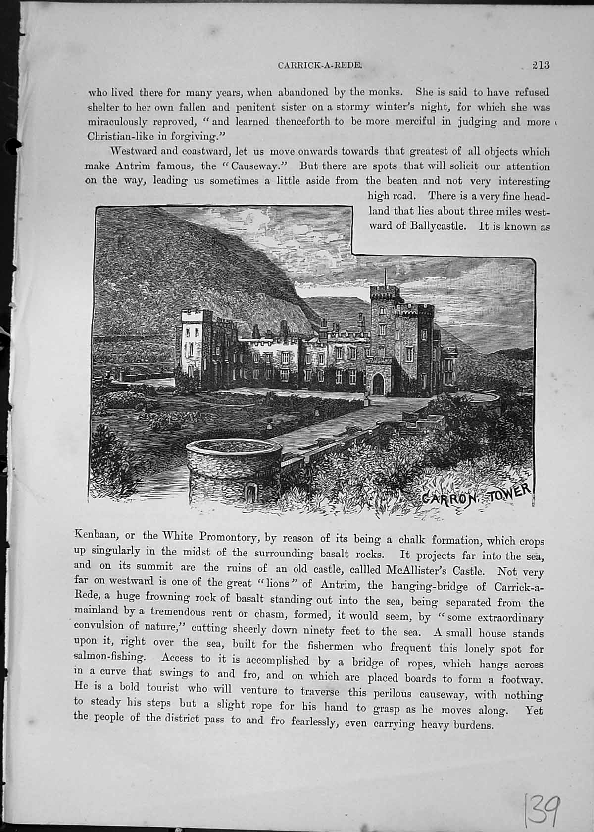Original Old Antique Print Cassell C1882 Carron Tower Castle Architecture 19th