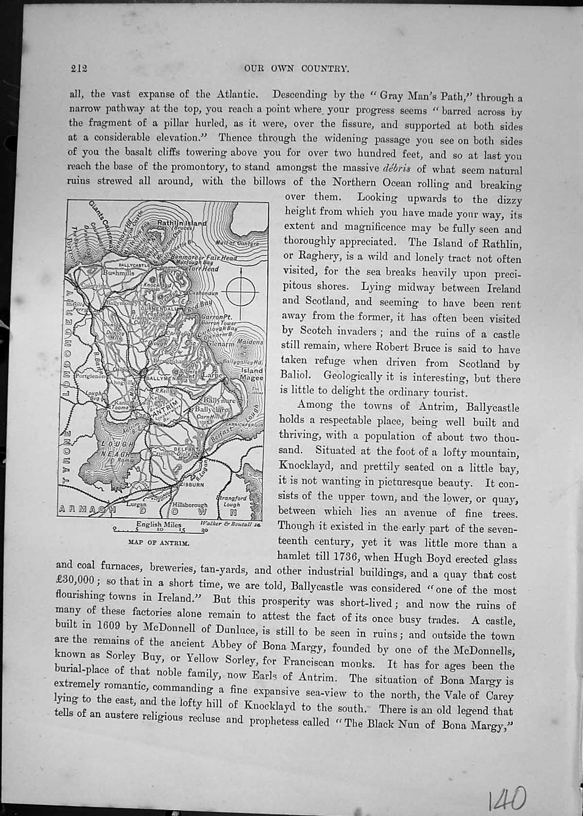 Original Old Antique Print Map Antrim Ireland Lough Neagh Cassell C1882 19th