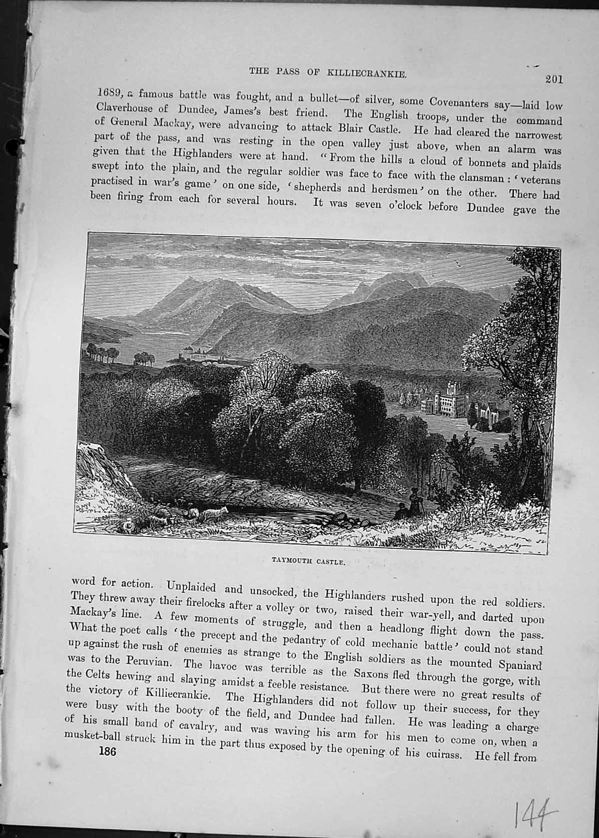 Original Old Antique Print Taymouth Castle Mountains Trees Cassell C1882 19th