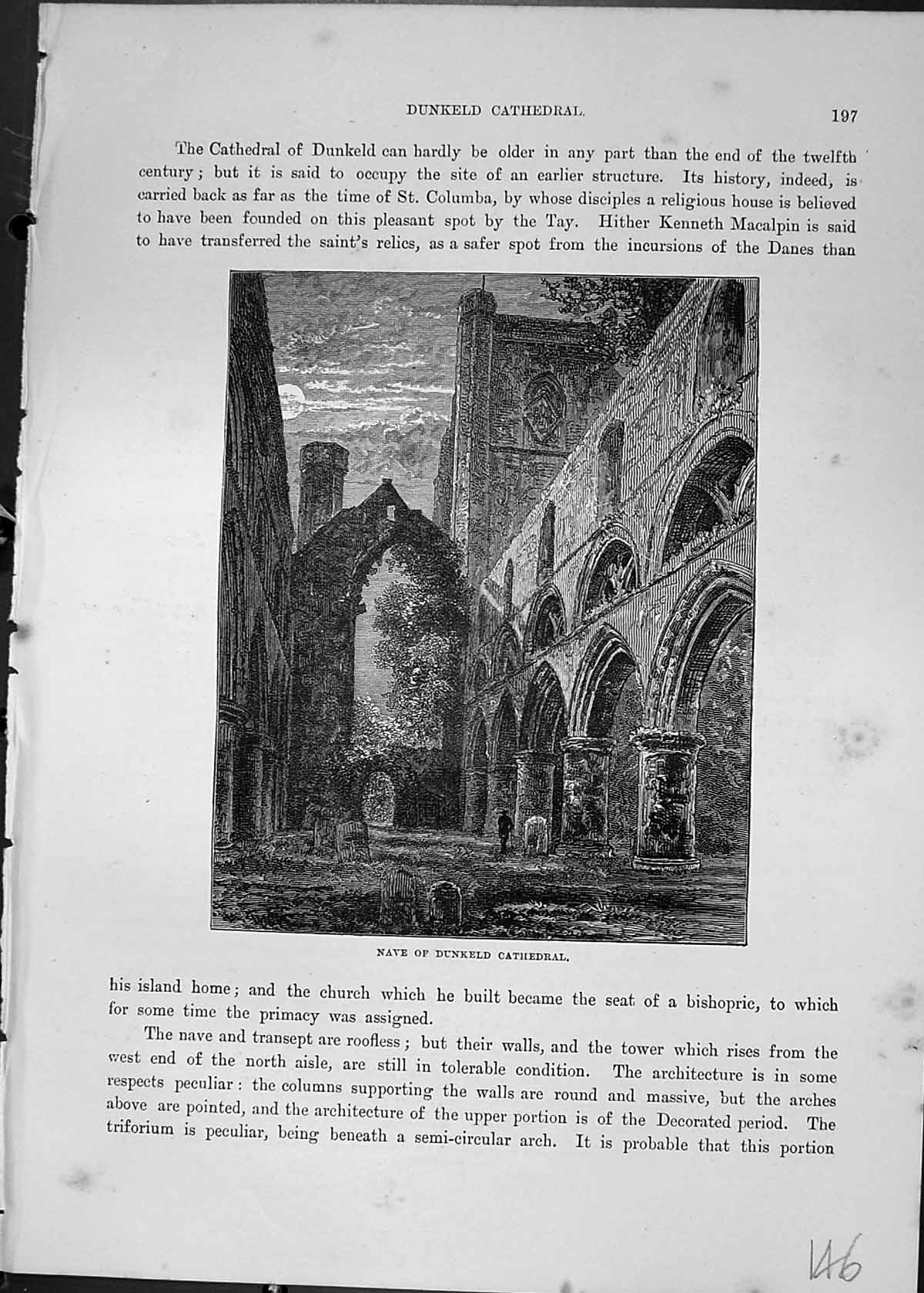 Antique Old Print Nave Dunkeld Cathedral Architecture Scotland Cassell C1882