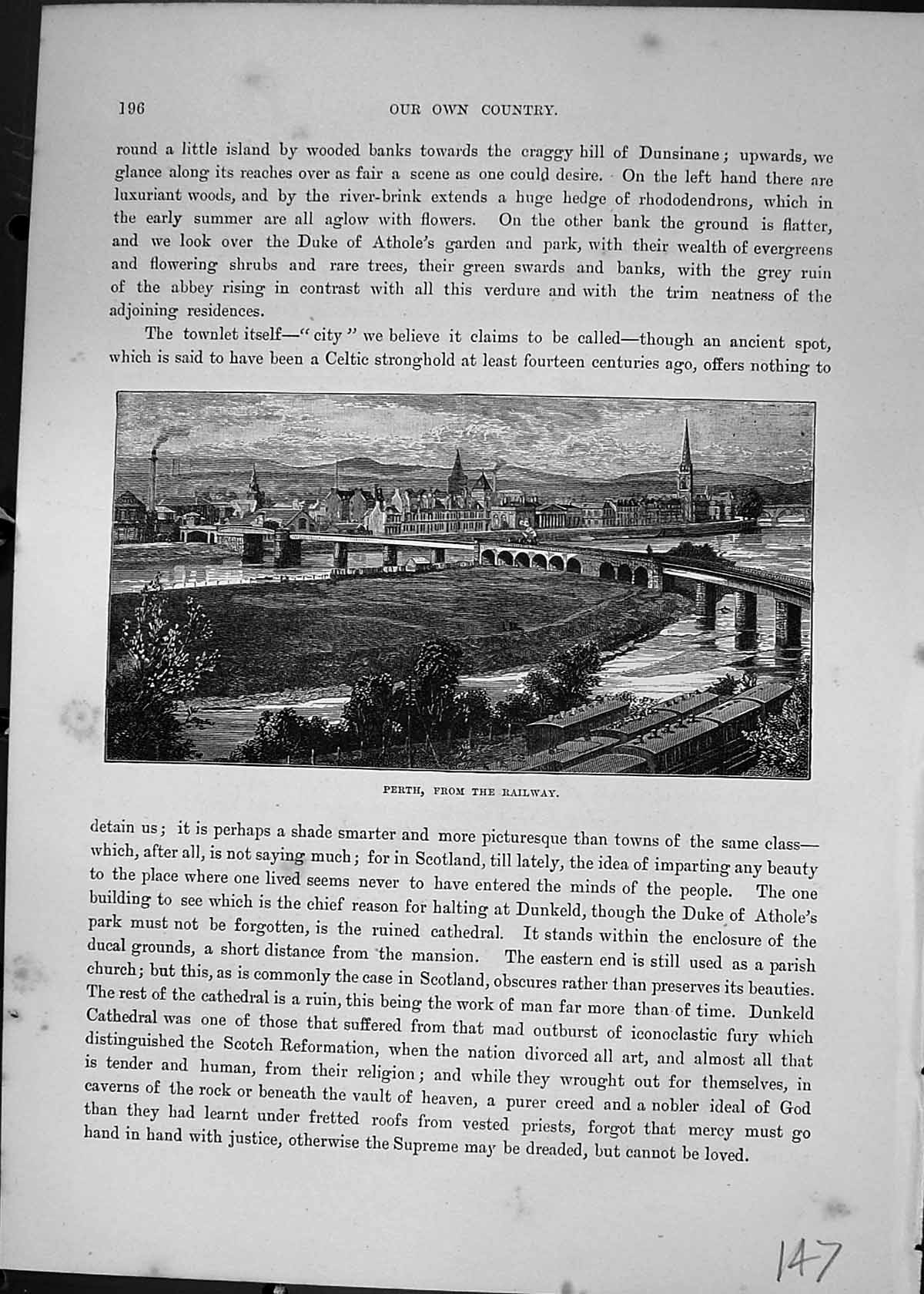 Original Old Antique Print Perth Scotland Railway Cassell C1882 19th
