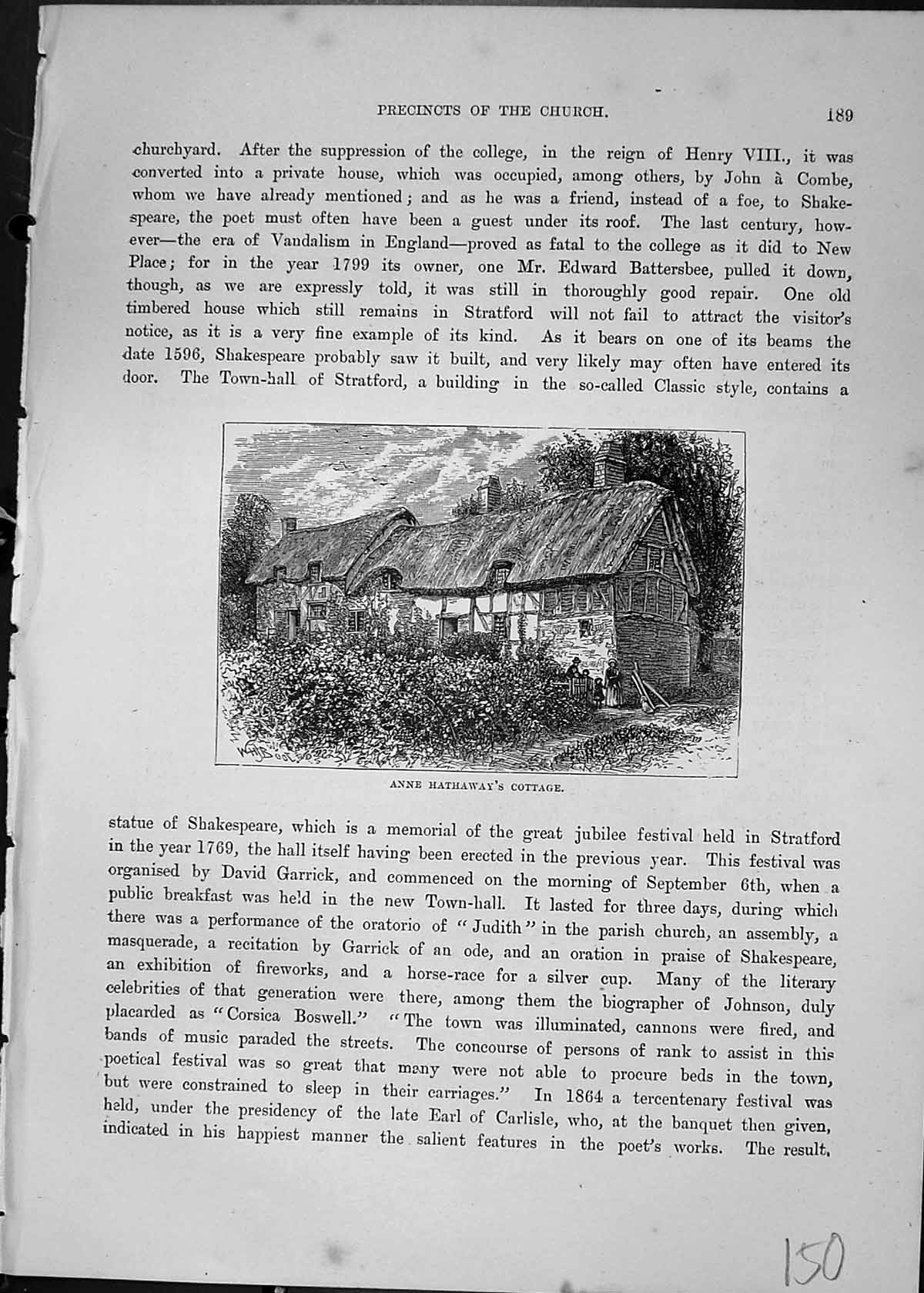 Original Old Antique Print Exterior Anne Hathaway Cottage Cassell C1882 19th