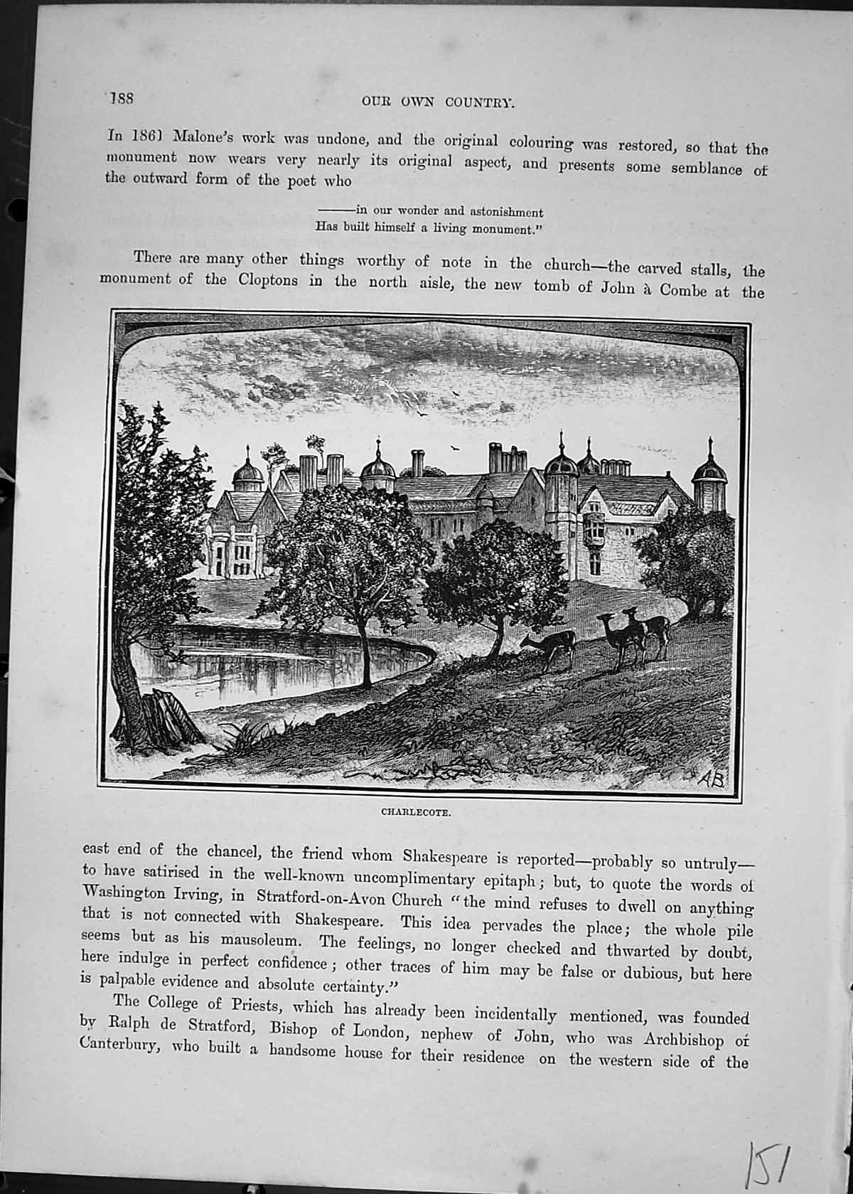 Old Print Charlecote Mansion House Architecture River Deer Cassell C1882 19th