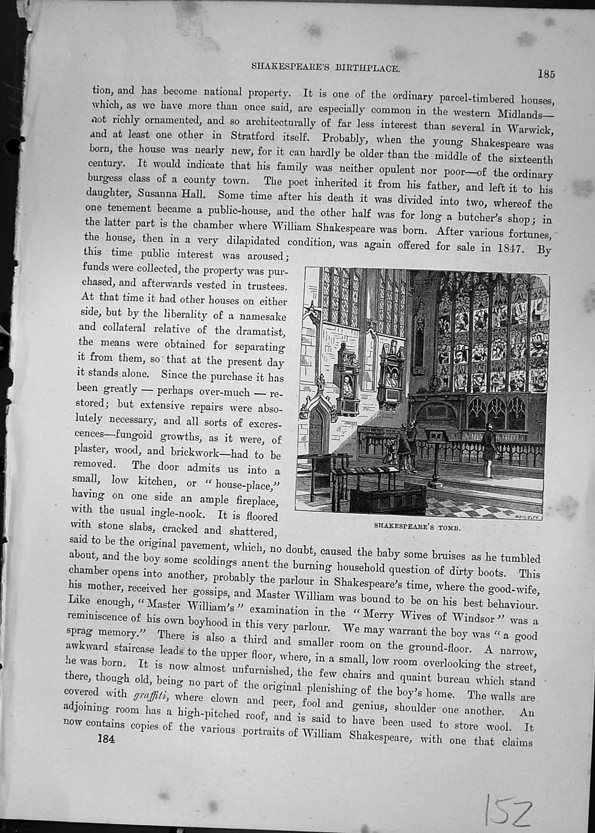 Original Old Antique Print Shakespeare Tomb Church Cassell C1882 19th