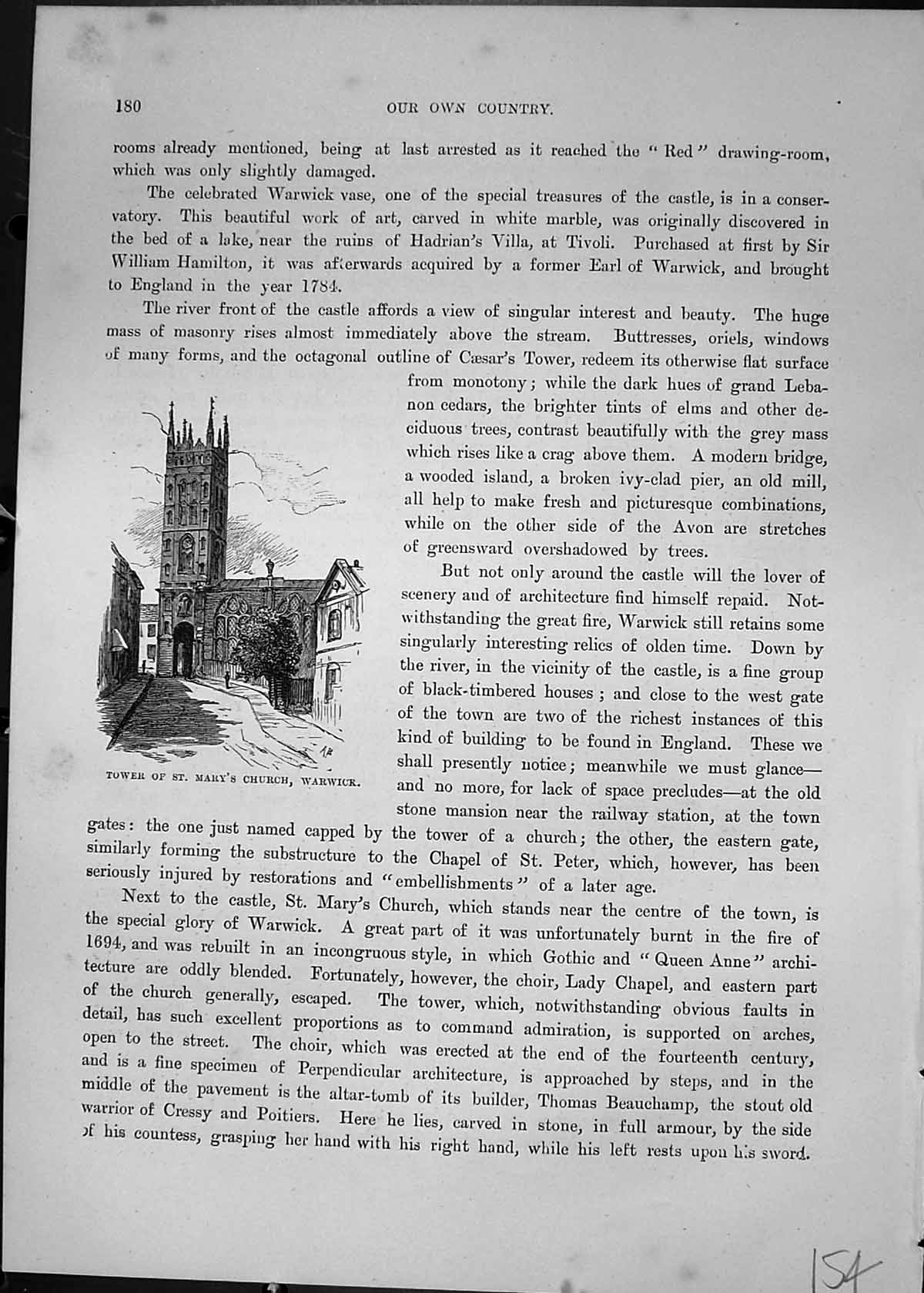 Antique Old Print Tower St. Mary'S Church Warwick Architecture Cassell C1882
