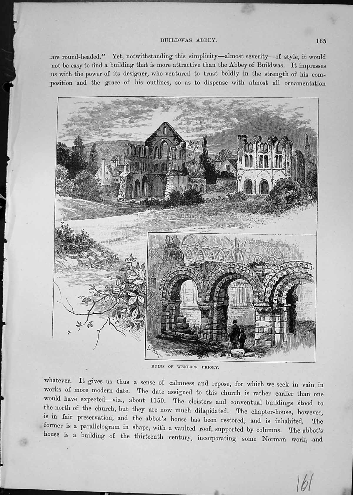 Old Antique Print Ruins Wenlock Priory Ruins Architecture Cassell C1882 19th