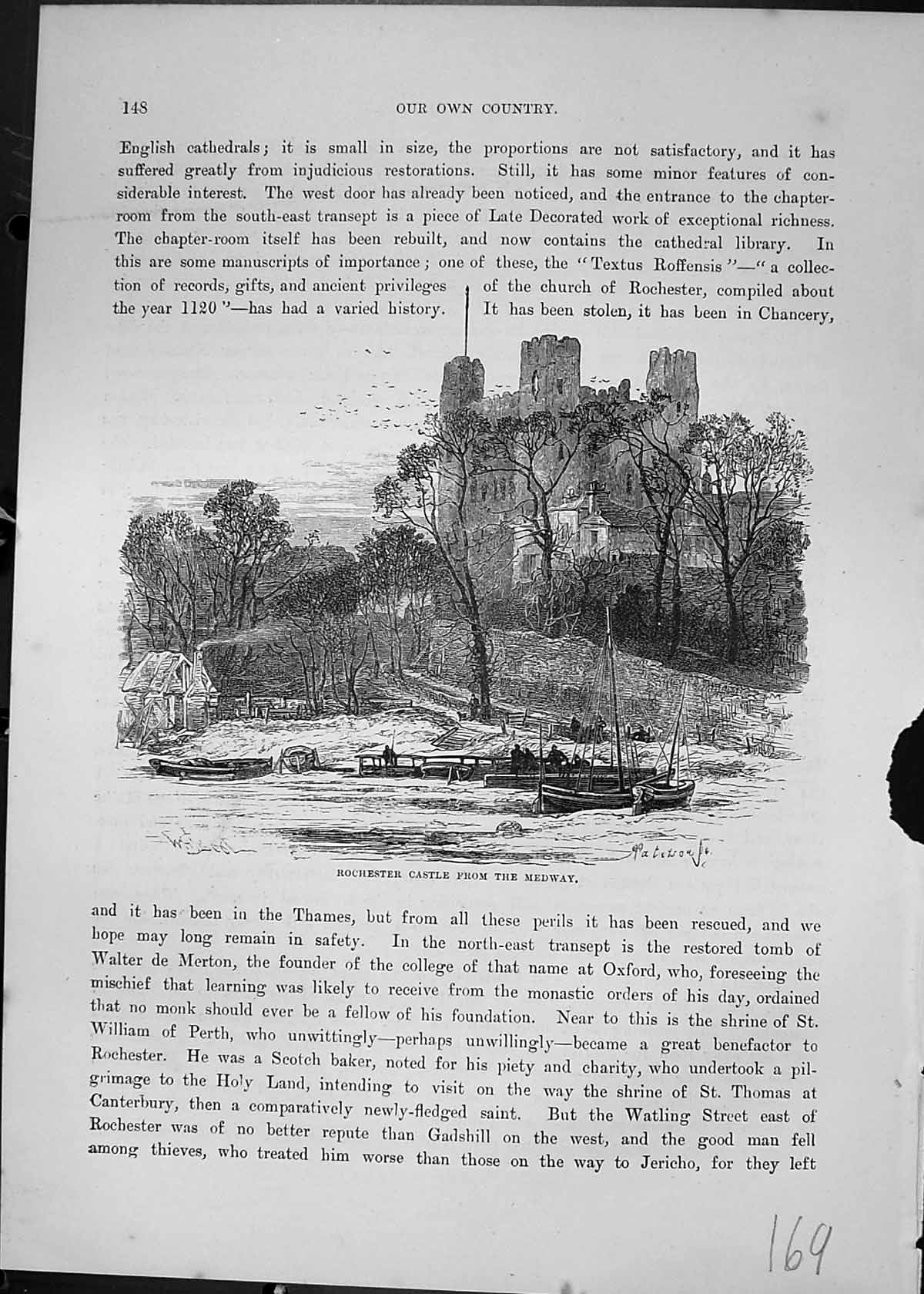 Original Old Antique Print Rochester Castle River Medway Boats Cassell C1882