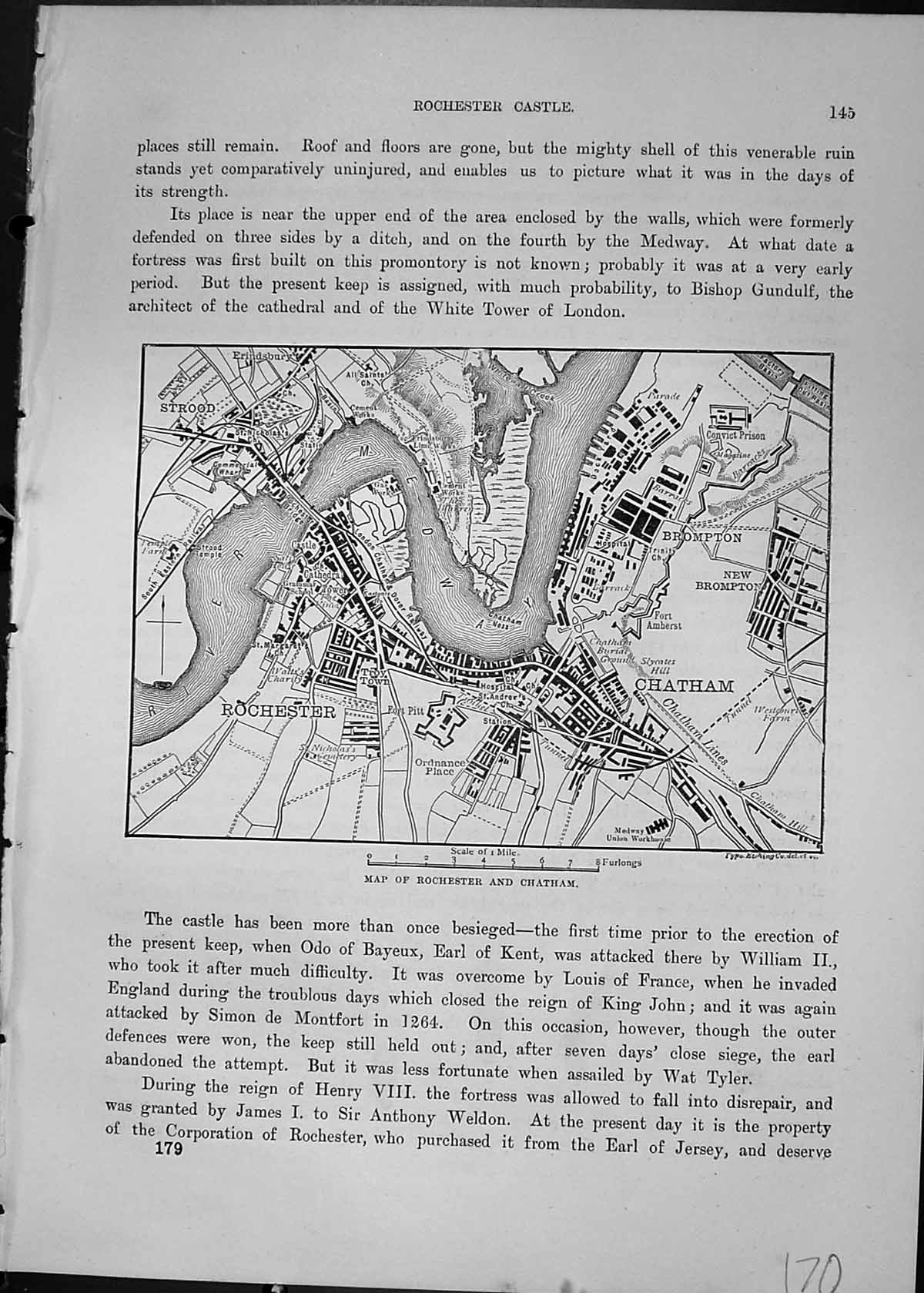 Antique Old Print Map Rochester Chatham River Medway England Cassell C1882 19th
