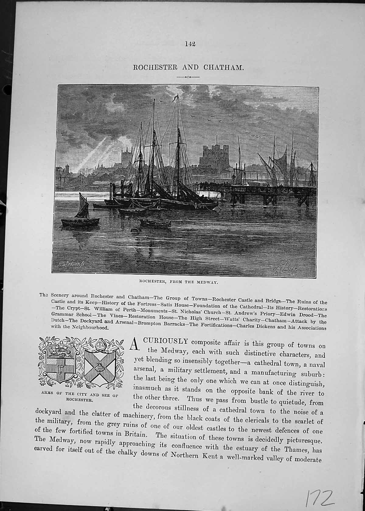 Antique Old Print Rochester Medway Ships Arms City See England Cassell C1882