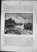Original Old Antique Print Peel Castle Boats Fishermen England Cassell C1882