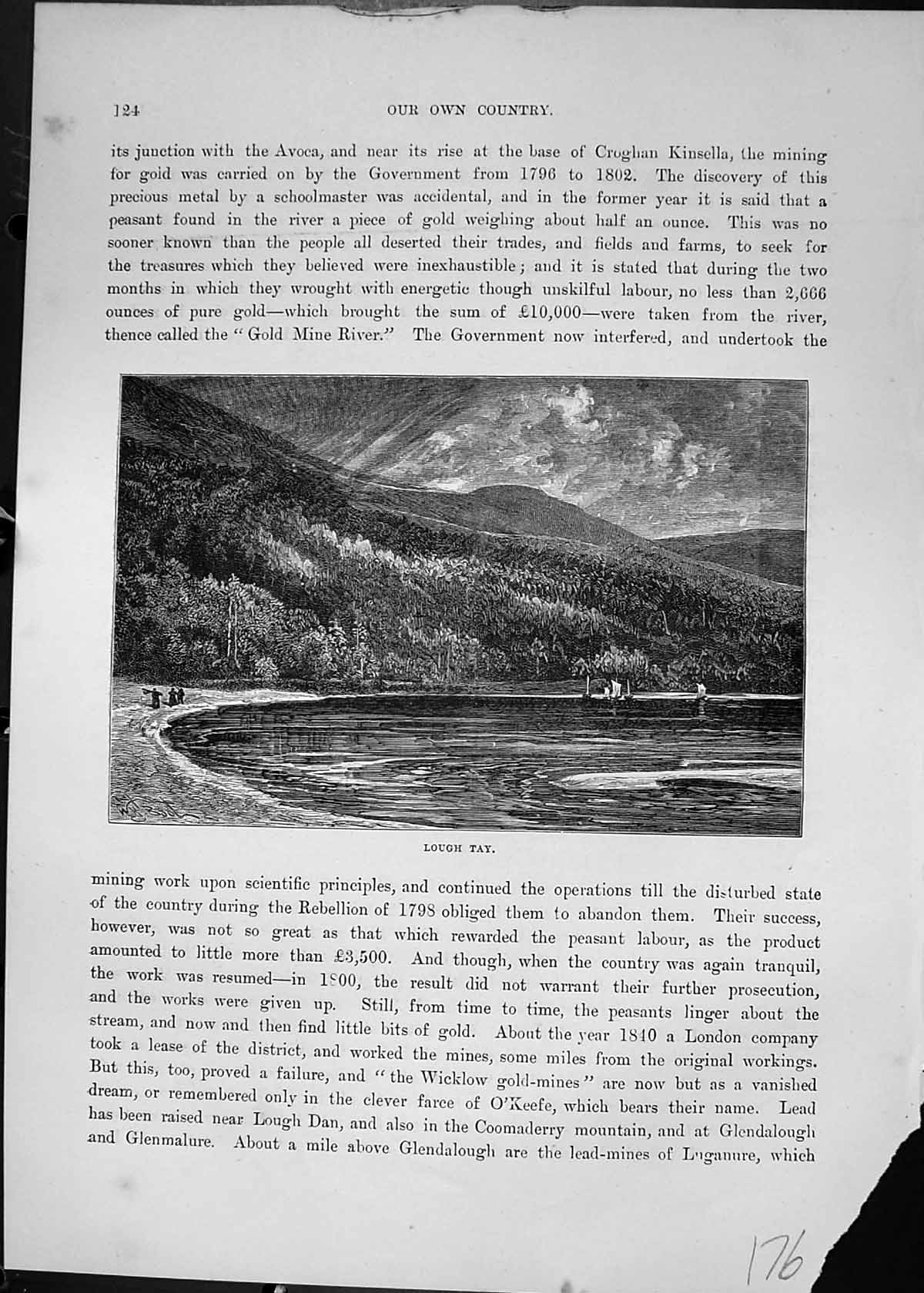 Original Old Antique Print Lough Tay Hills Lake Cassell C1882 19th