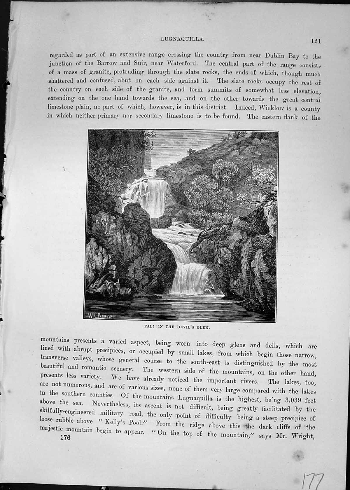 Original Old Antique Print Water Fall Devil'S Glen River Trees Cassell C1882