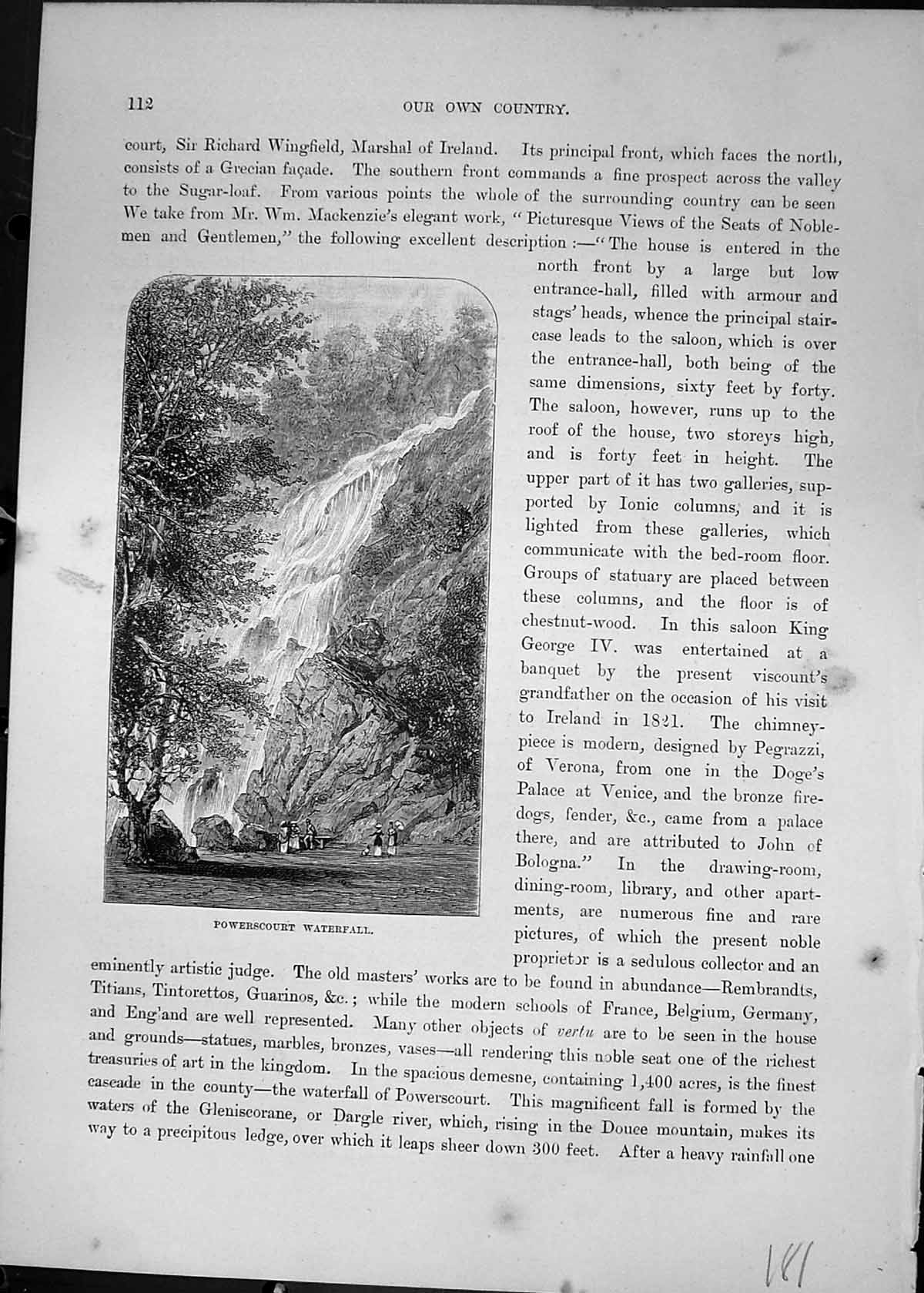 Original Old Antique Print Powerscourt Waterfall River Trees Cassell C1882 19th