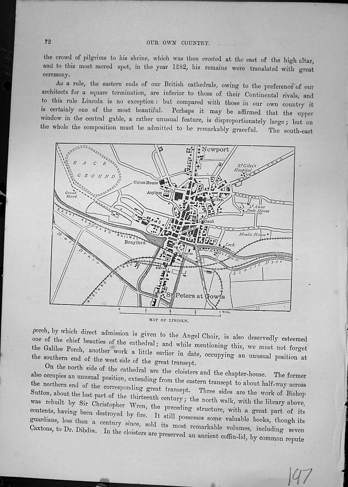 Old Antique Print Plan Map Lincoln Brayford Newport England Cassell C1882 19th