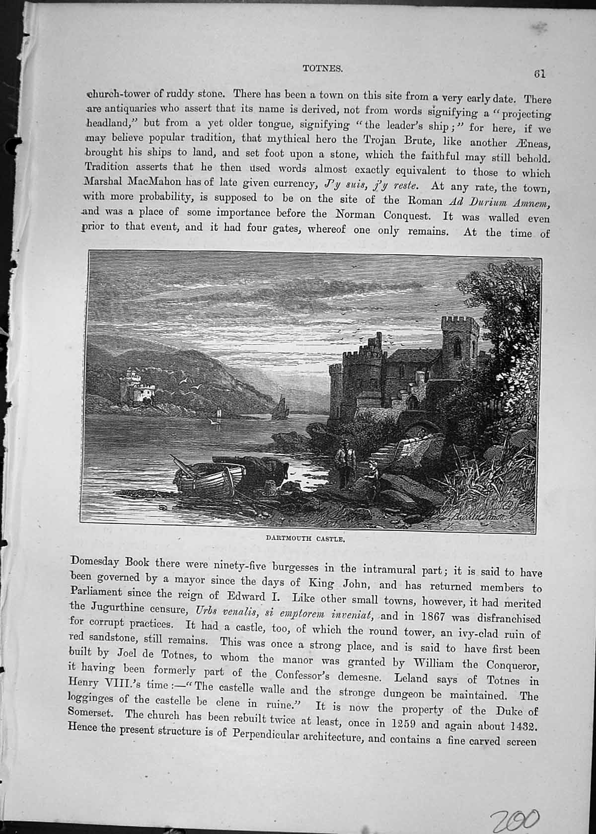 Original Old Antique Print Dartmouth Castle Boats Mountains Cassell C1882 19th