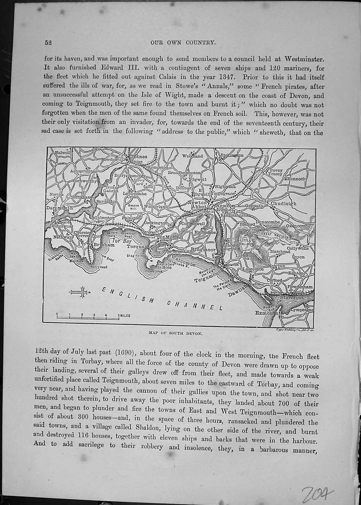 Antique Old Print Map South Devon Dawlish Torquay Newton Abbey Cassell C1882