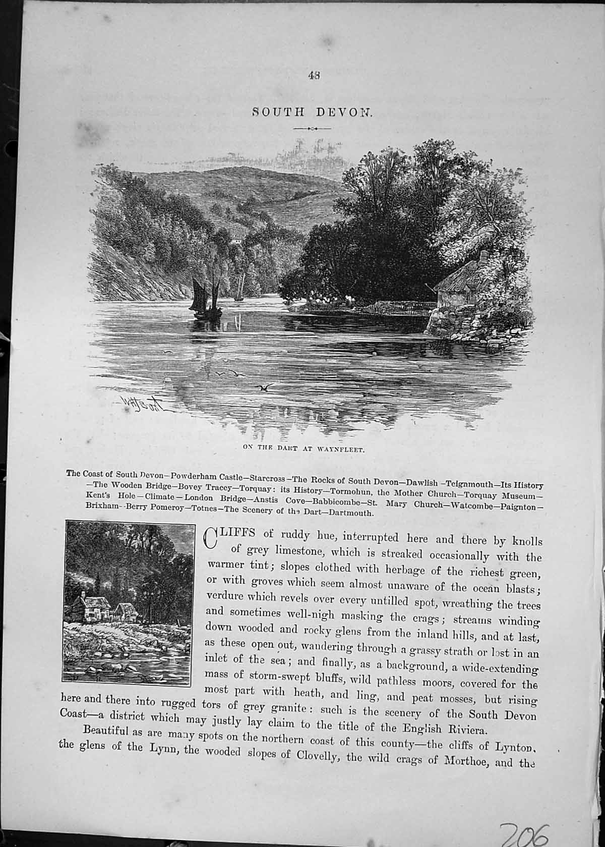Old Antique Print River Dart Waynfleet South Devon England Cassell C1882 19th