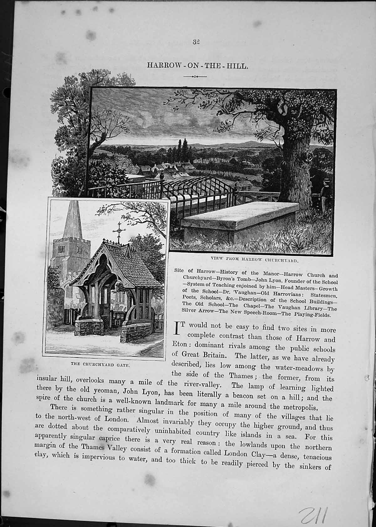 Old Antique Print Harrow-On-The-Hill Churchyard Harrow Gate Cassell C1882 19th