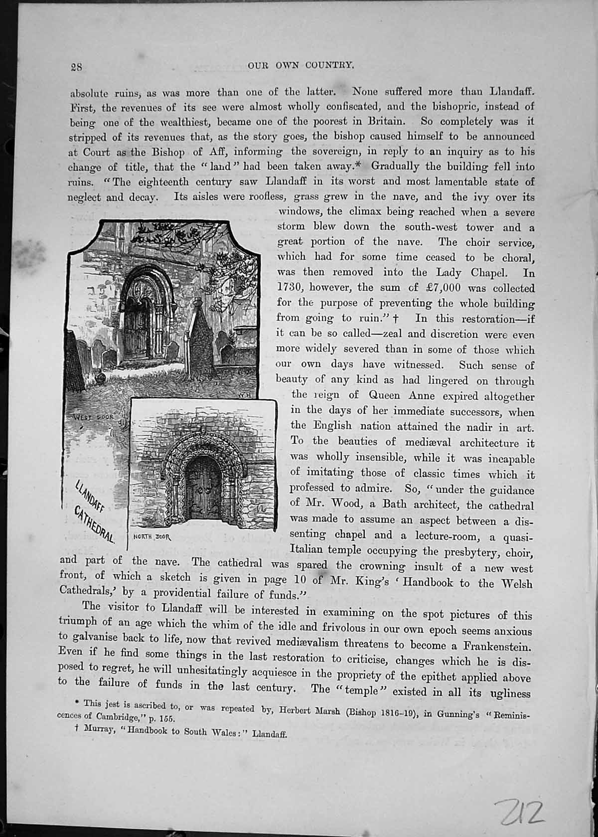 Antique Print Llandaff Cathedral West North Door Architecture Cassell C1882