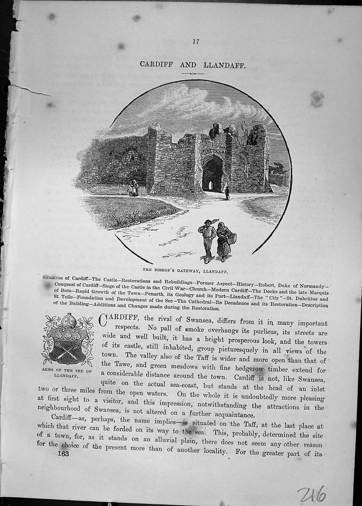 Original Old Antique Print Bishop'S Gateway Llandaff Arms Wales Cassell C1882