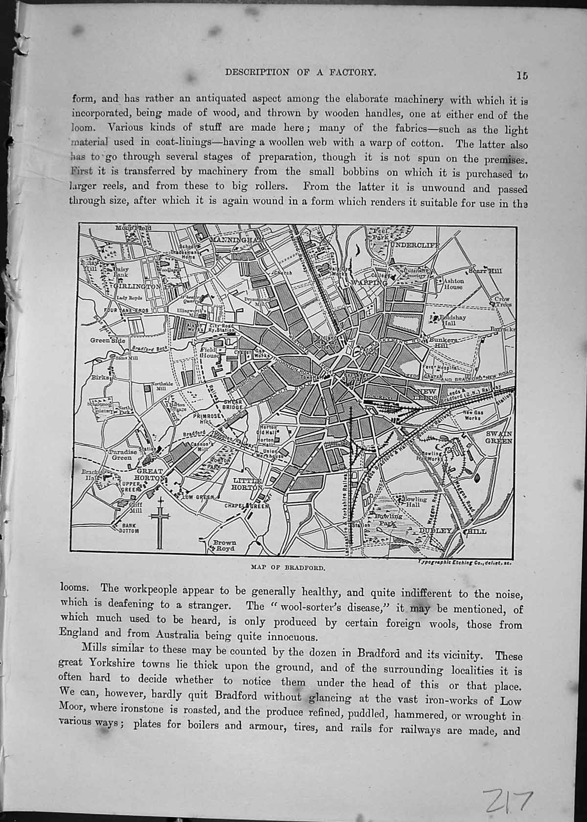 Original Old Antique Print Map Bradford England Undercliff Horton Cassell C1882