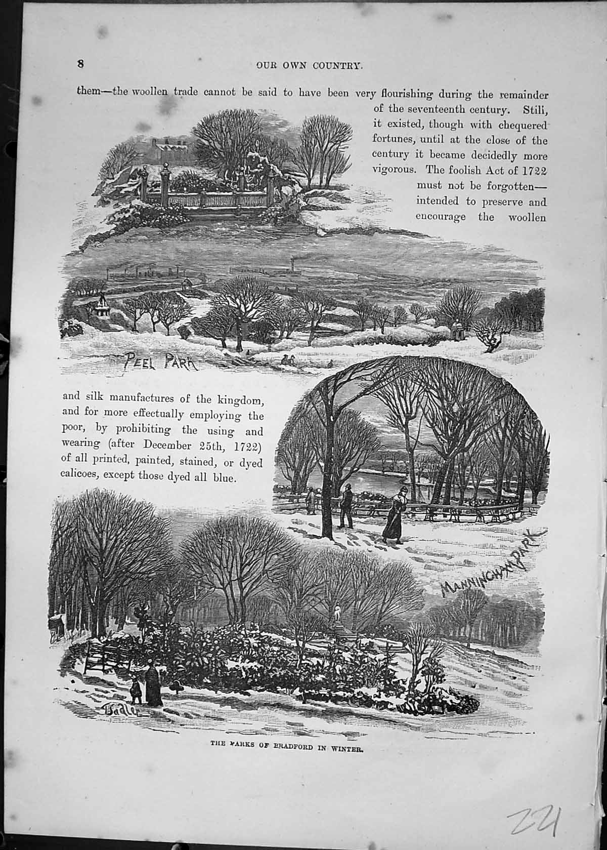 Original Old Antique Print Parks Bradford Winter Peel Manningham Cassell C1882
