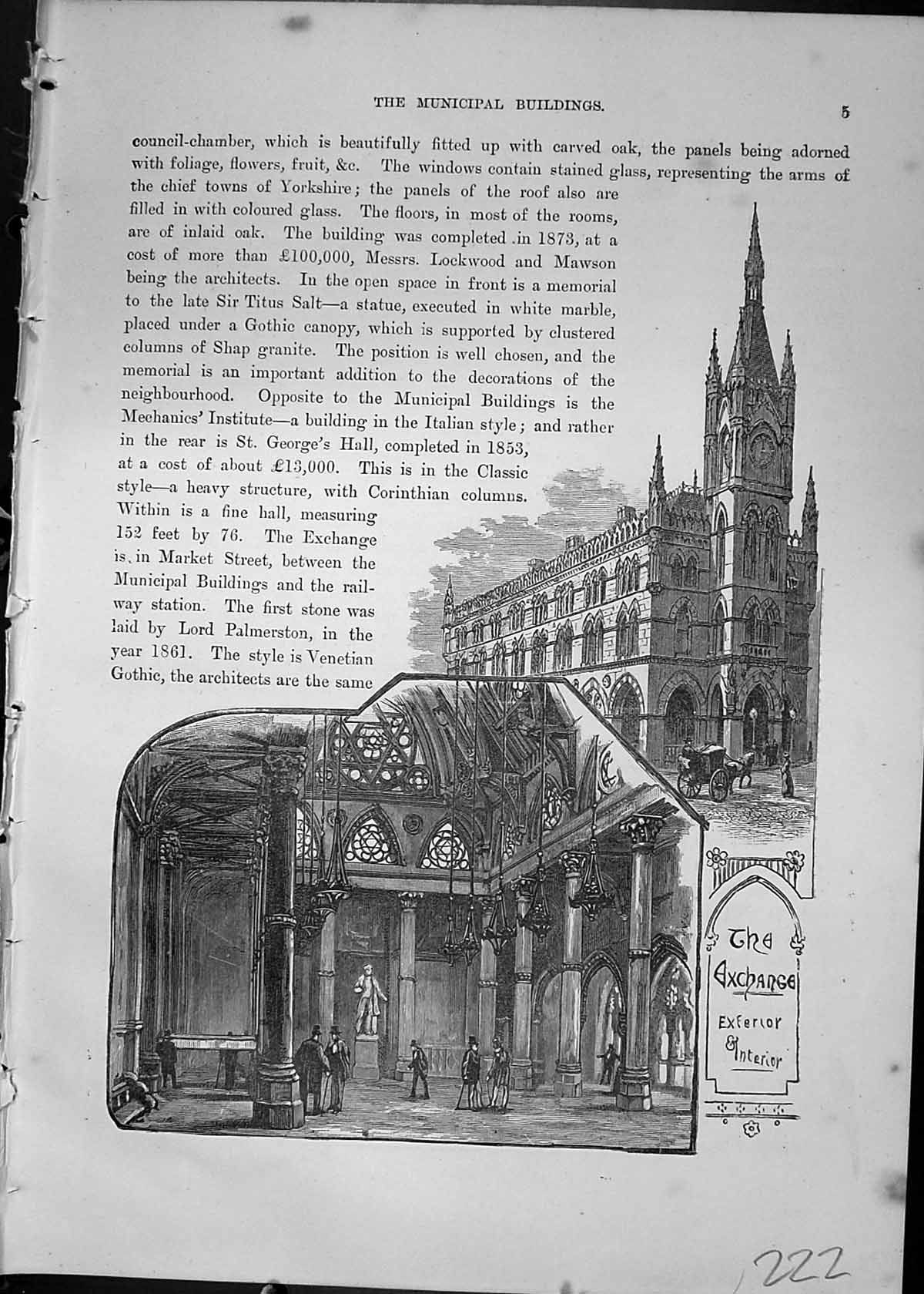 Antique Print Cassell C1882 Exchange Municipal Buildings Exterior Interior 19th