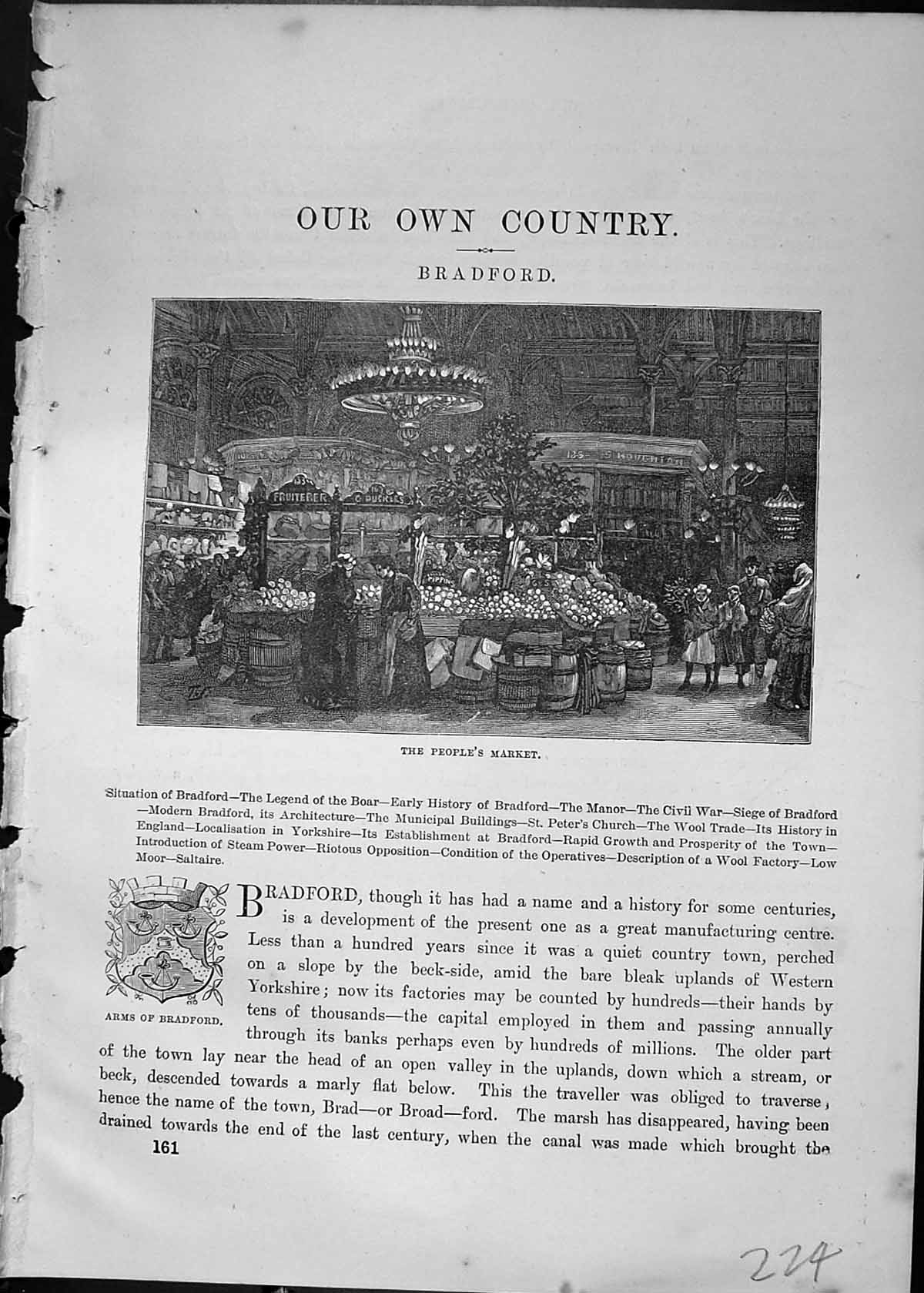 Original Old Antique Print Cassell C1882 People'S Market Arms Bradford England