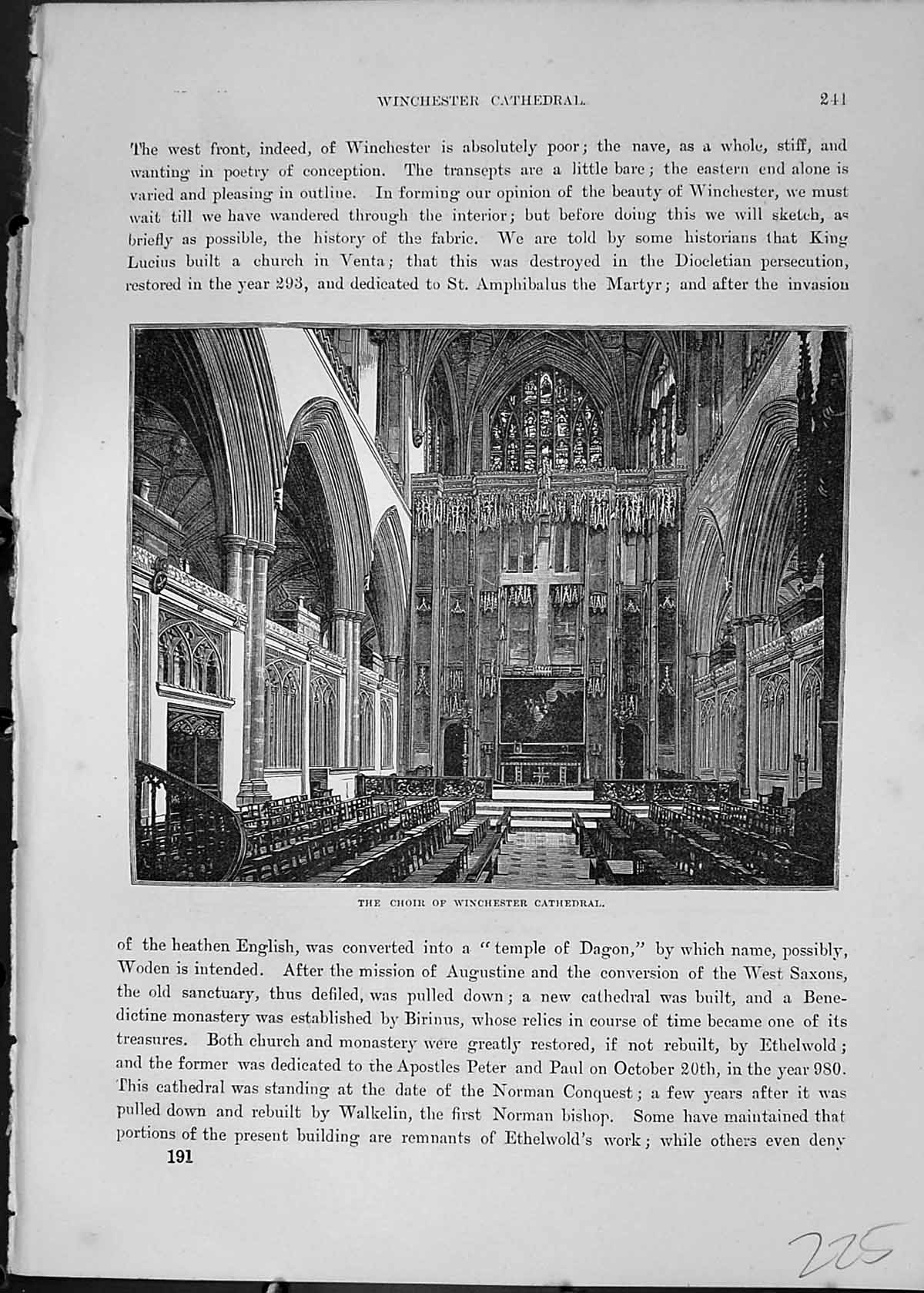 Antique Old Print Cassell C1882 Winchester Cathedral Map Street Plan England