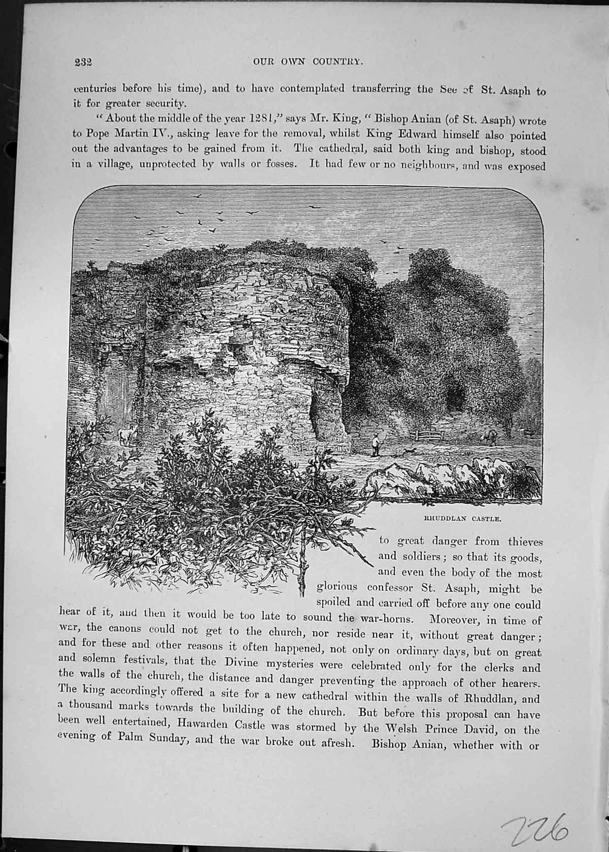 Antique Print Rhuddlan Castle Map Flintshire Asaph MChester Cassell C1882 19th