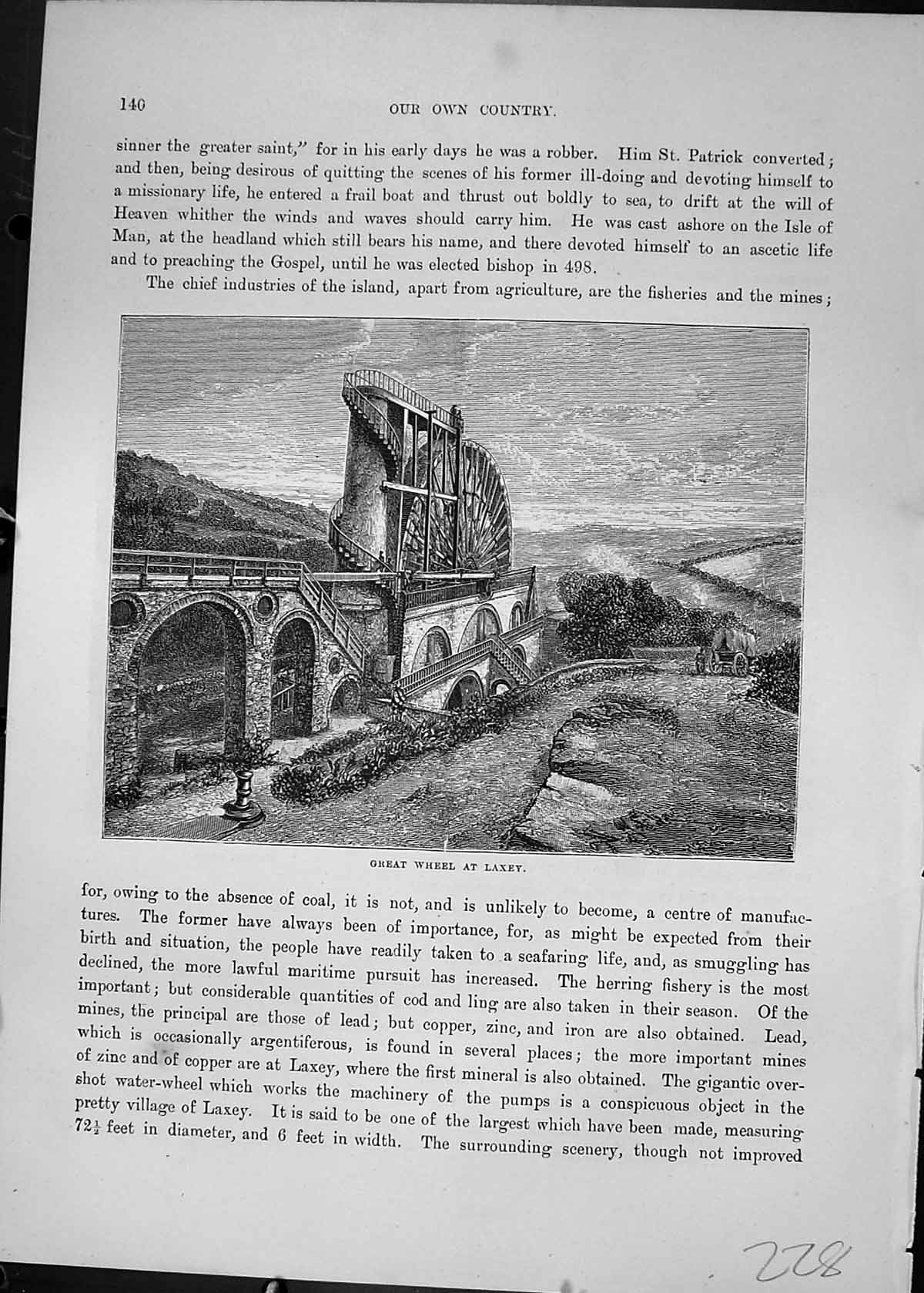 Original Old Antique Print Cassell C1882 Great Wheel Laxey Bradda Head Cliffs