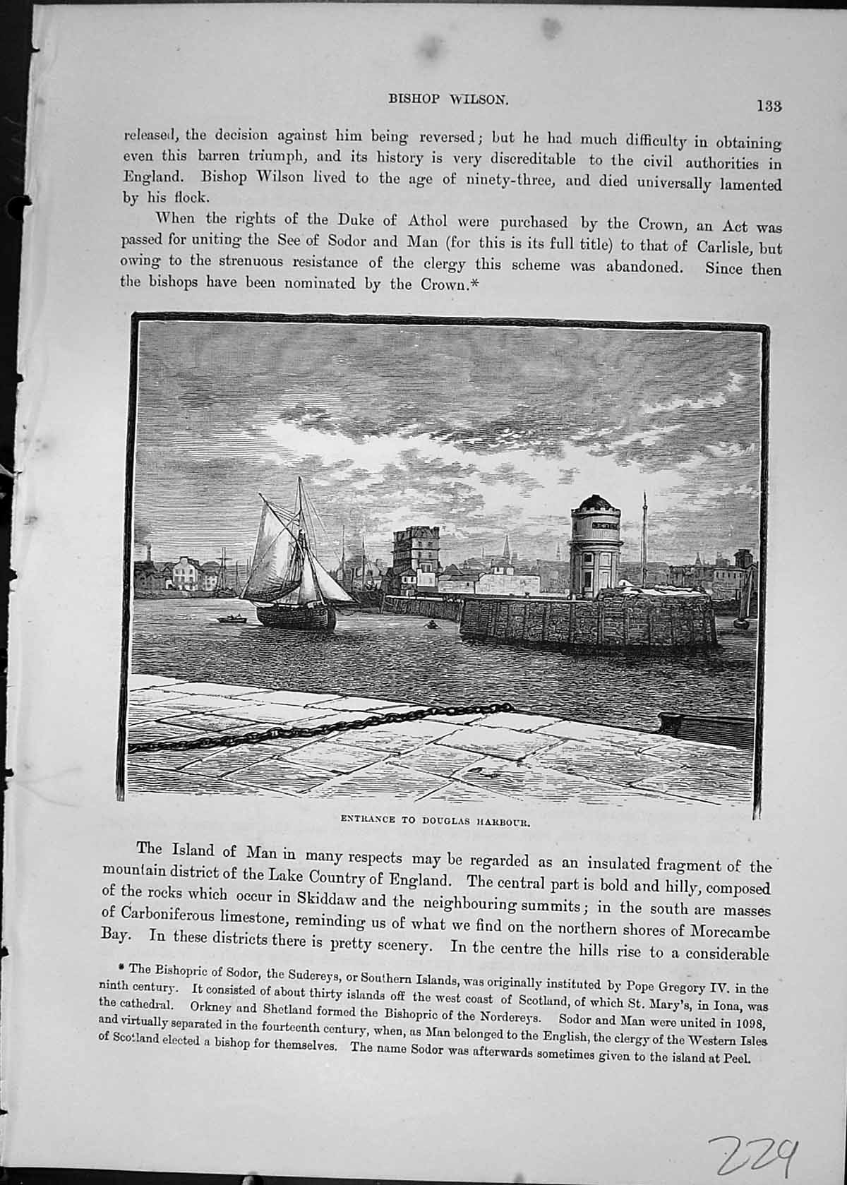 Antique Old Print Entrance Douglas Harbour Kirk Rhaddan Church Cassell C1882