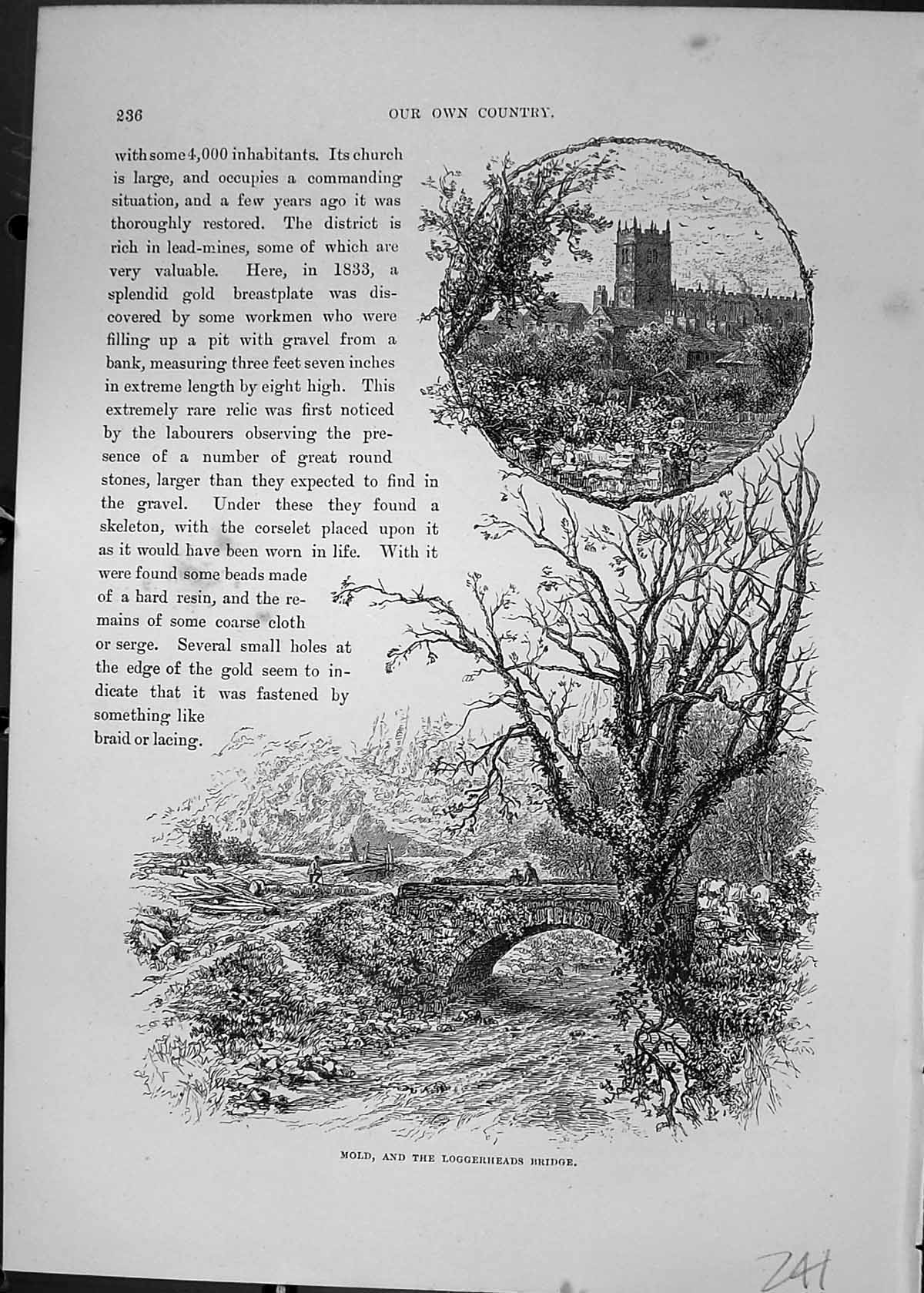 Original Old Antique Print MLoggerheads Bridge River Church Cassell C1882 19th