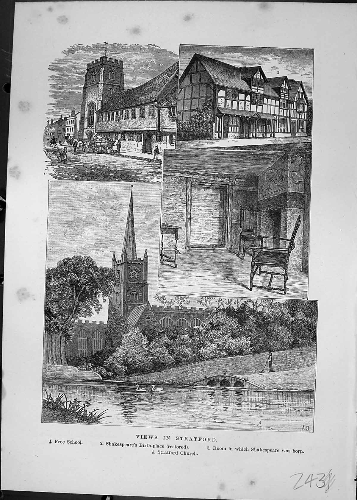 Antique Print Stratford Shakespeare House Church Free School Cassell C1882 19th