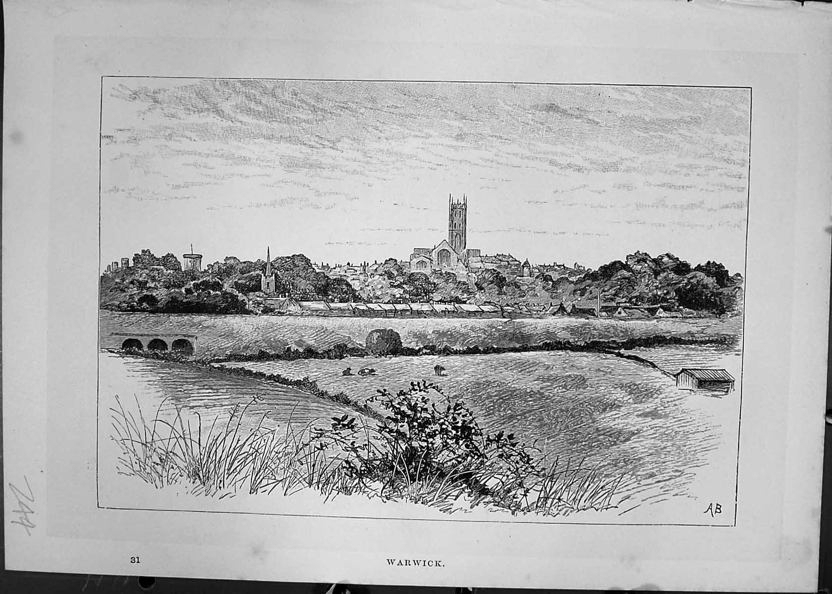 Original Old Antique Print Warwick England Church River Bridge Cassell C1882