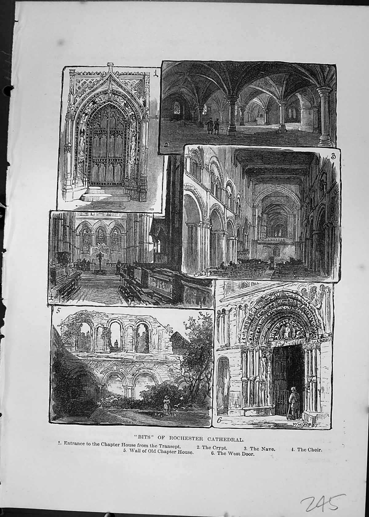 Antique Old Print Rochester Cathedral Crypt Choir Chapter House Cassell C1882
