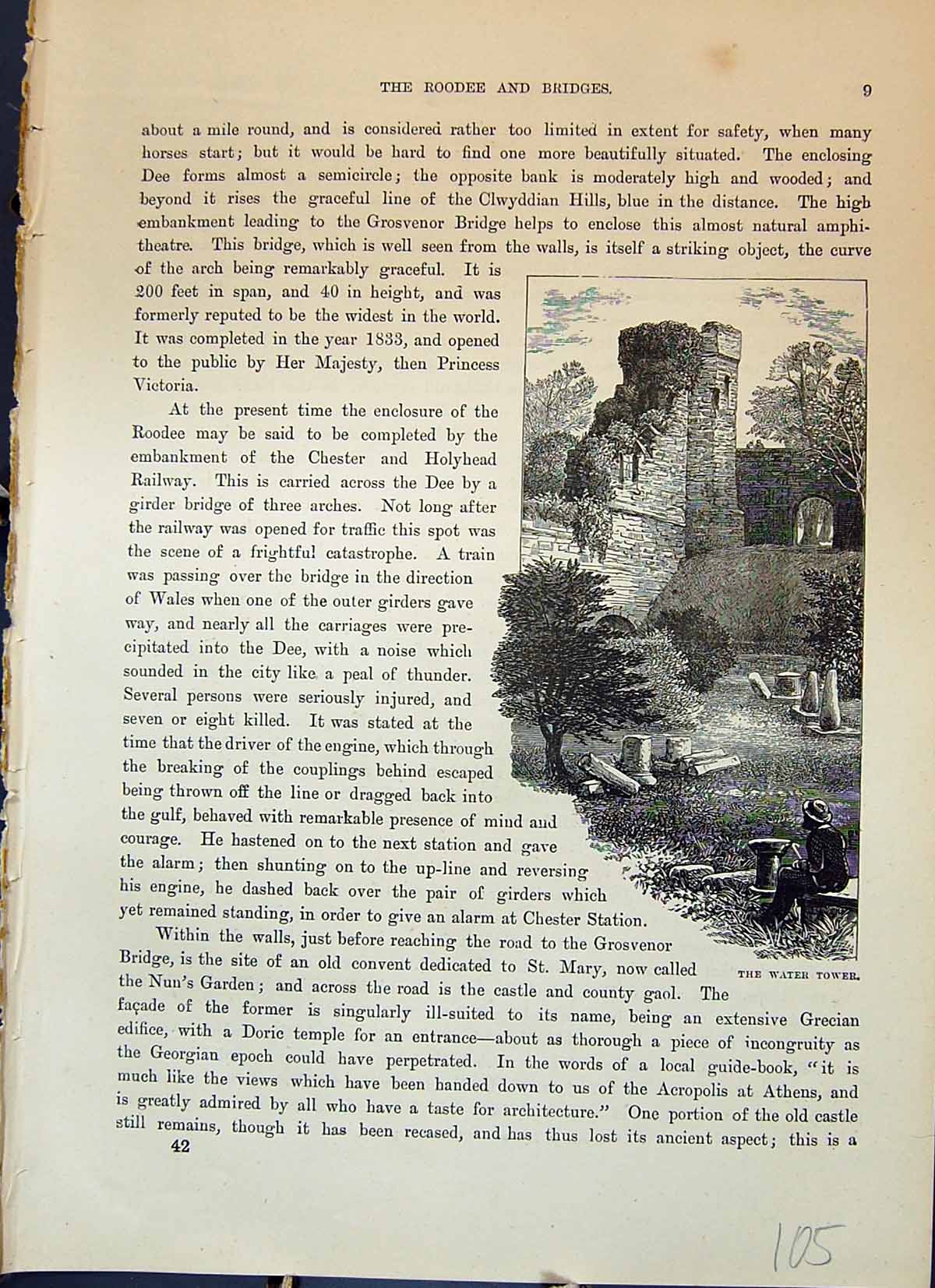 Original Old Antique Print Water Tower Ruins Architecture Chester Cassell C1882