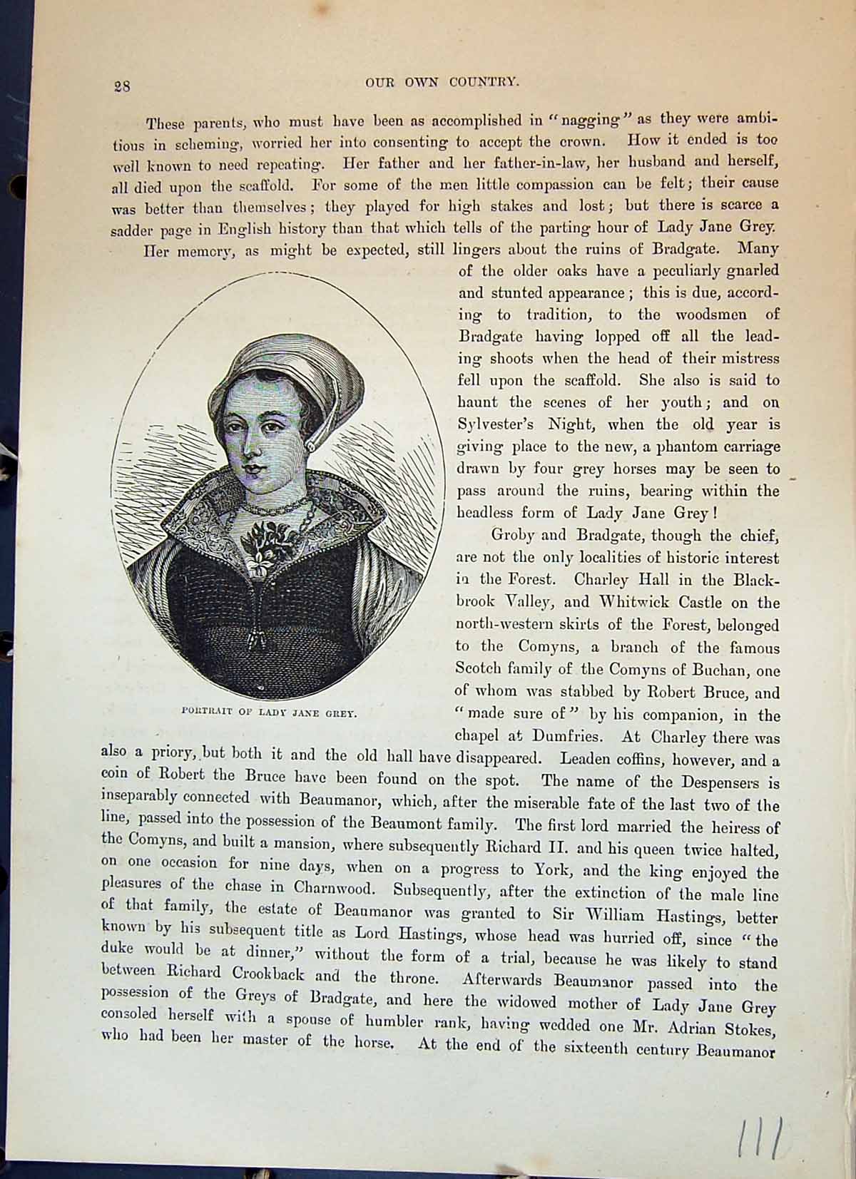Old Antique Print Portrait Lady Jane Grey Beautiful Woman Cassell C1882 19th