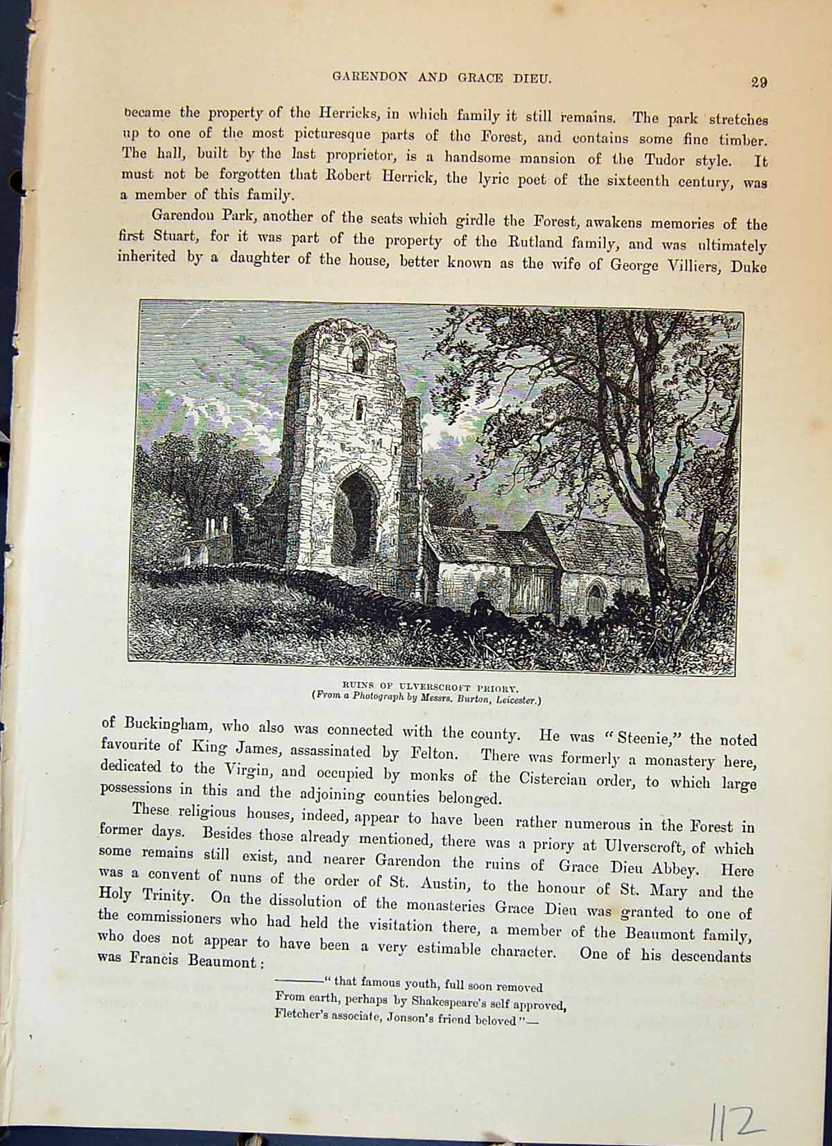 Original Old Antique Print Ruins Ulverscrt Priory Architecture Cassell C1882