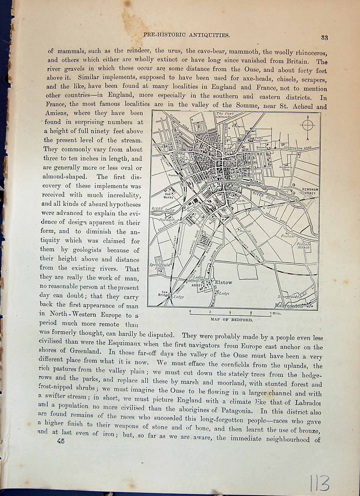 Antique Old Print Map Street Plan Bedford England River Ouse Cassell C1882 19th