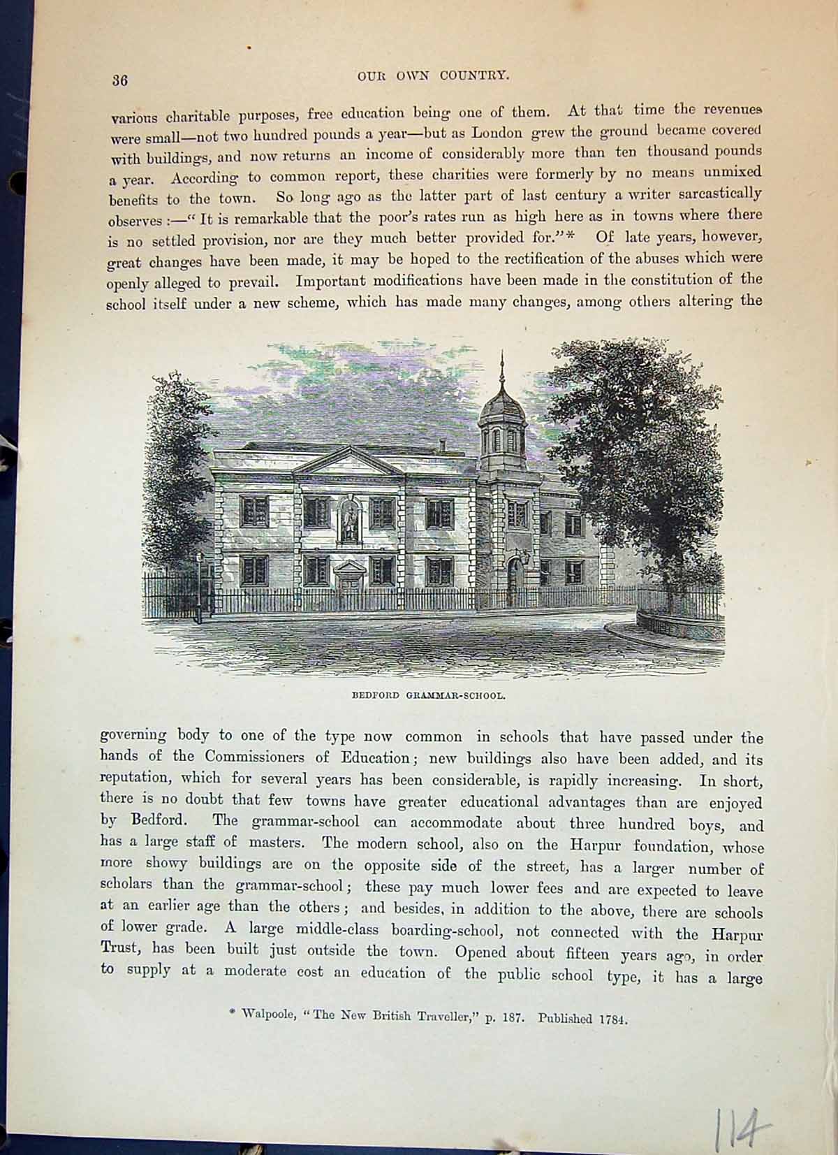 Antique Old Print Cassell C1882 Bedford Grammar School Building Architecture