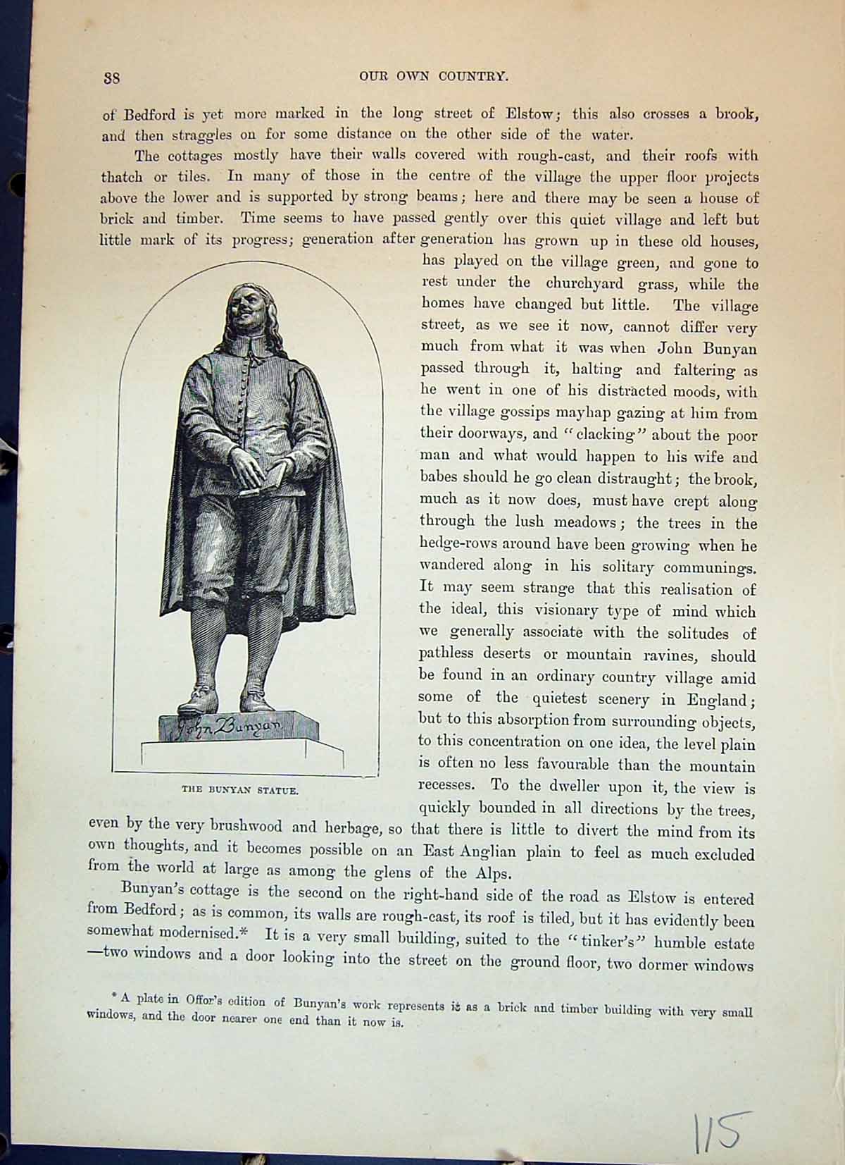 Original Old Antique Print Cassell C1882 Statue John Bunyan 19th