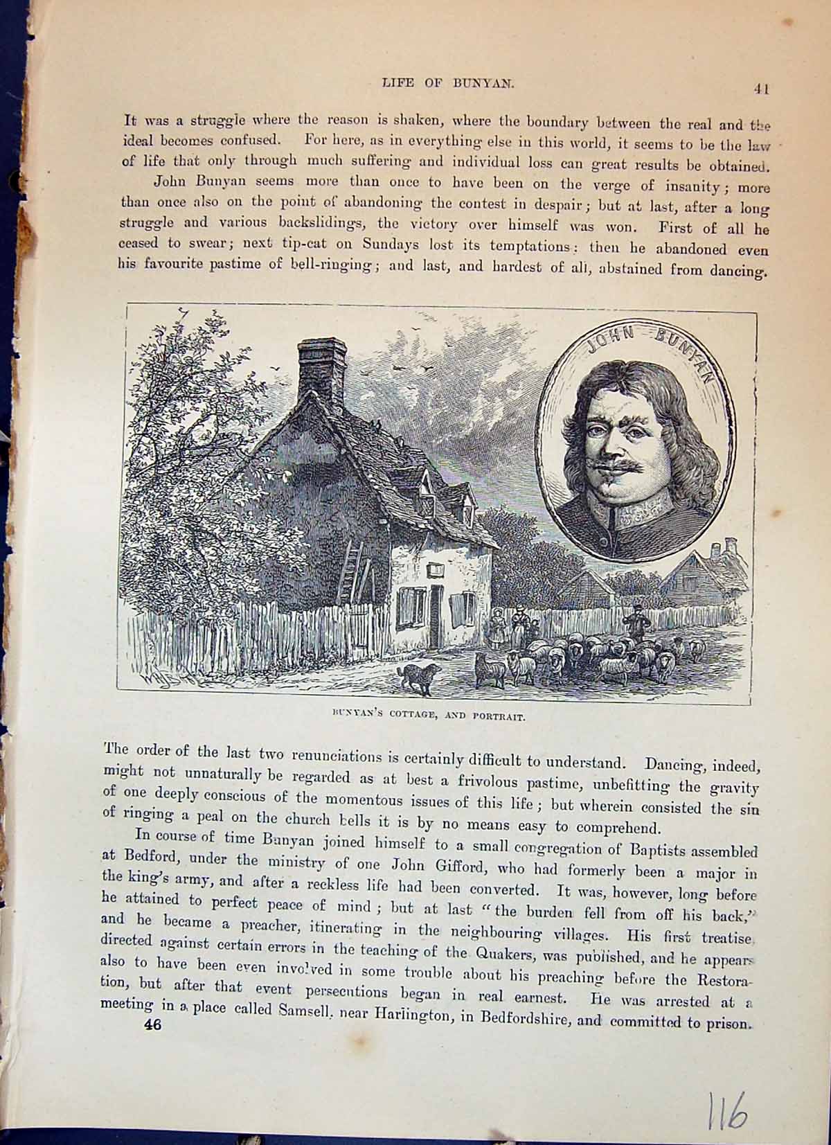 Original Old Antique Print John Bunyan Cottage Portrait Sheep Cassell C1882