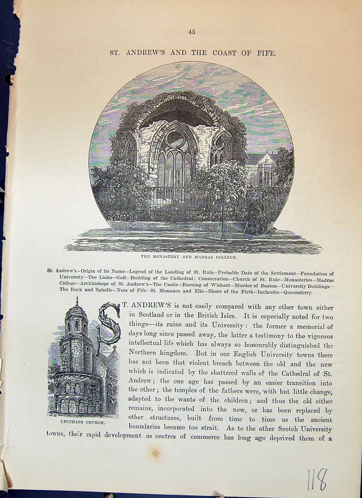 Old Antique Print Monastery Madras College Leuchars Church Cassell C1882 19th