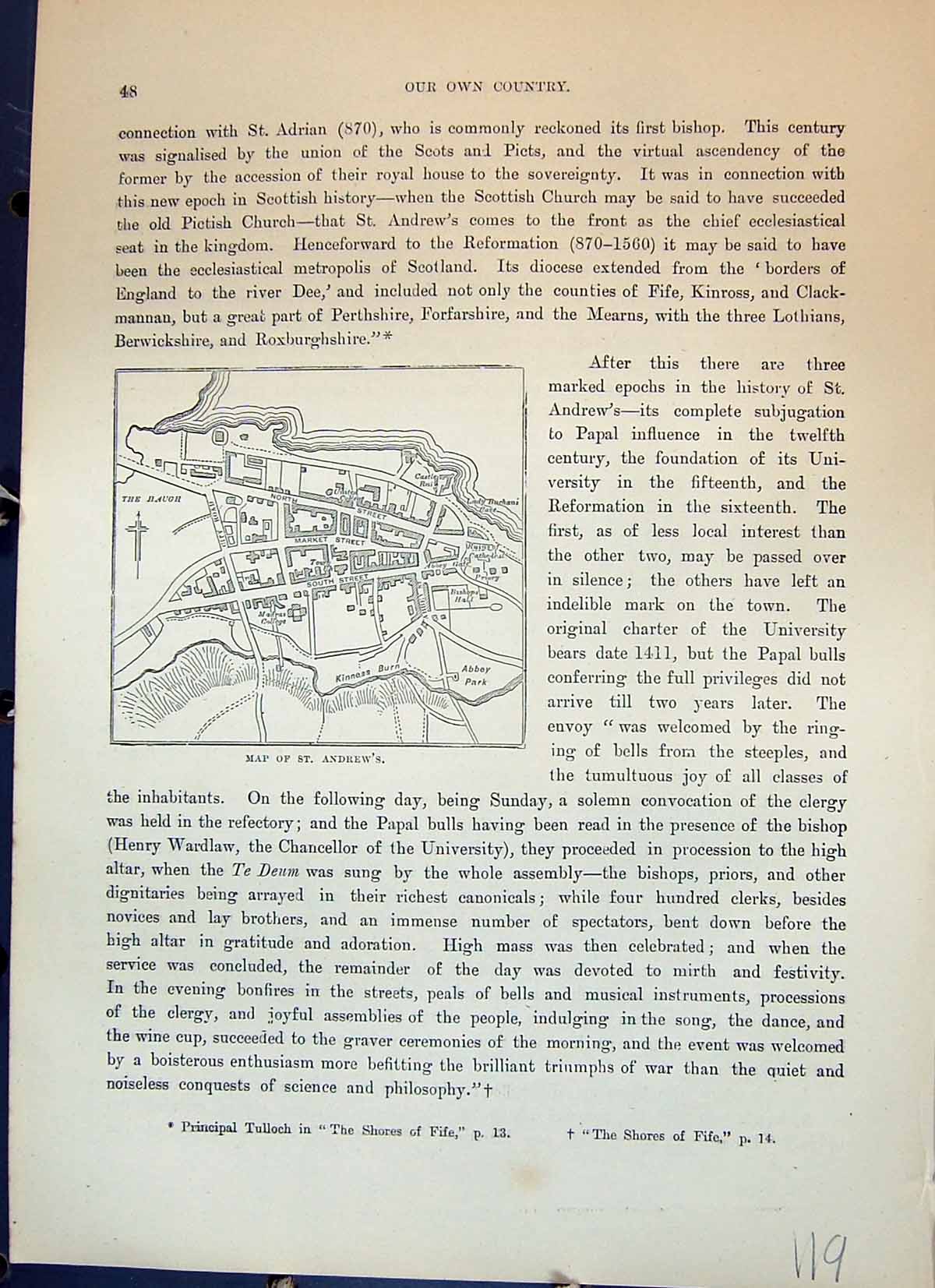 Original Old Antique Print Map Street Plan St. Andrews Scotland Cassell C1882