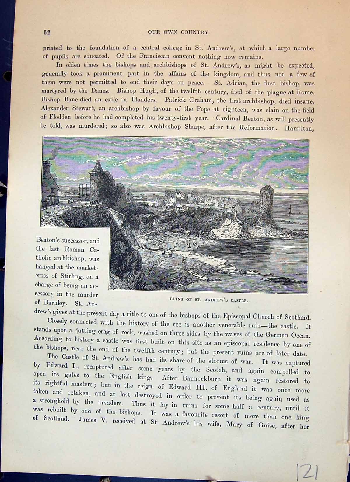 Original Old Antique Print Ruins St. Andrews Castle Scotland Cassell C1882 19th