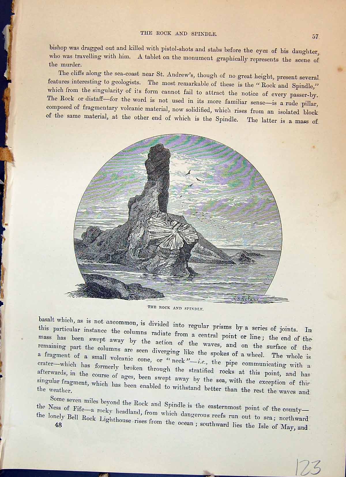 Original Old Antique Print Rock Spindle St. Andrews Scotland Cassell C1882 19th
