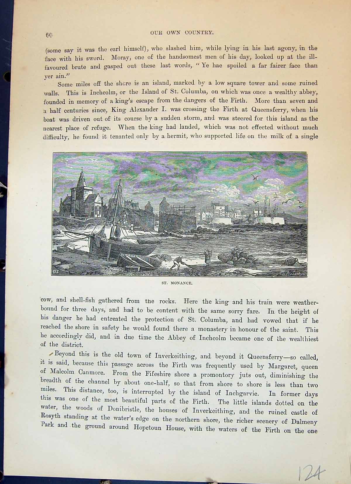 Original Old Antique Print St. Monace Scotland Beach Boats Cassell C1882 19th